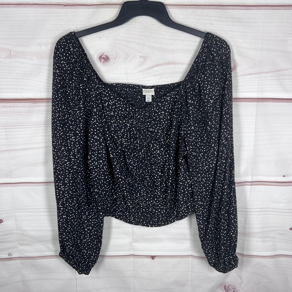 A New Day Ruched Front Blouse Womens XXL Black Polka Dot Long Sleeve Square Neck